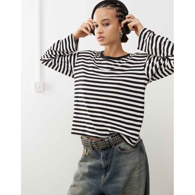 Monki long sleeve top in off white and black stripes-Multi 115681739