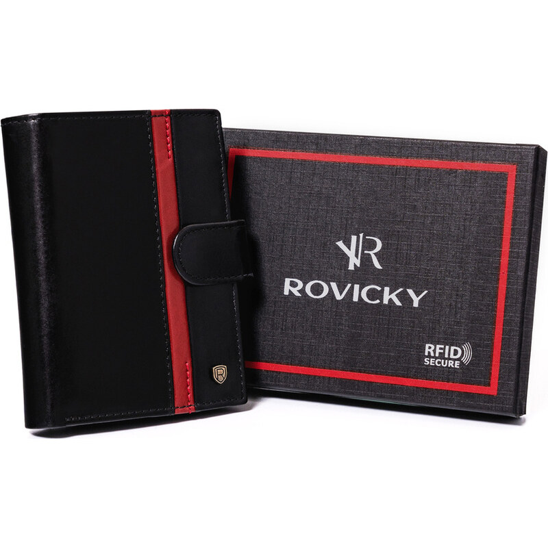 Rovicky Černá kožená peněženka s červeným pruhem L188