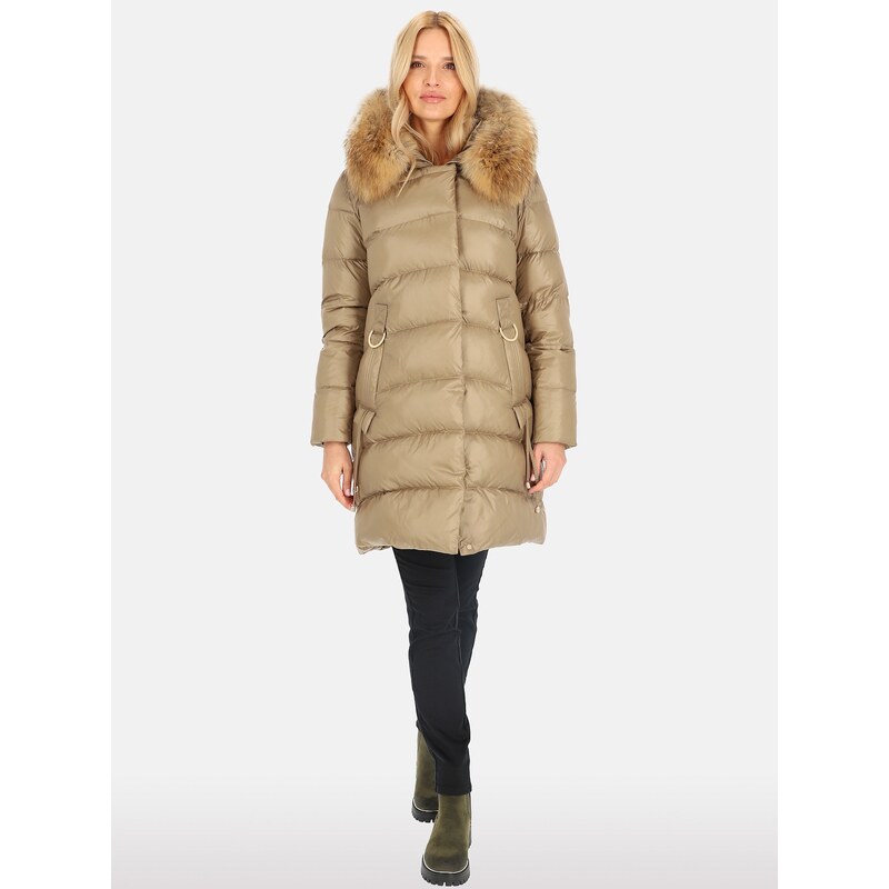 PERSO Womans Womens long quilted jacket with natural raccoon fur 114746381