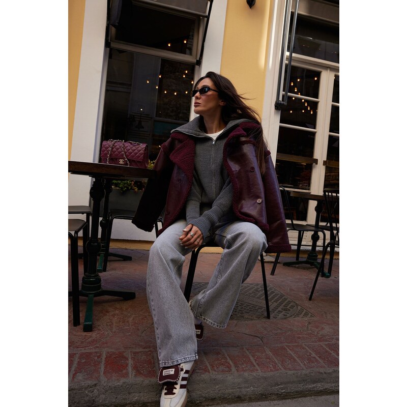 Trendyol Burgundy Plush Detailed Faux Leather Biker Jacket Coat