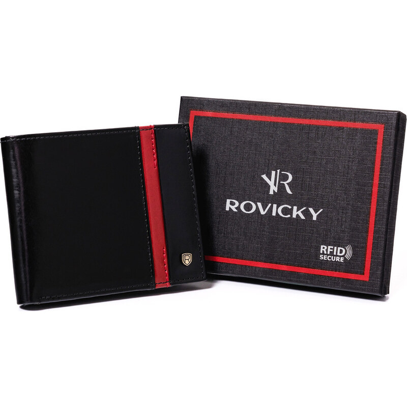Rovicky Černá kožená peněženka s červeným pruhem L190