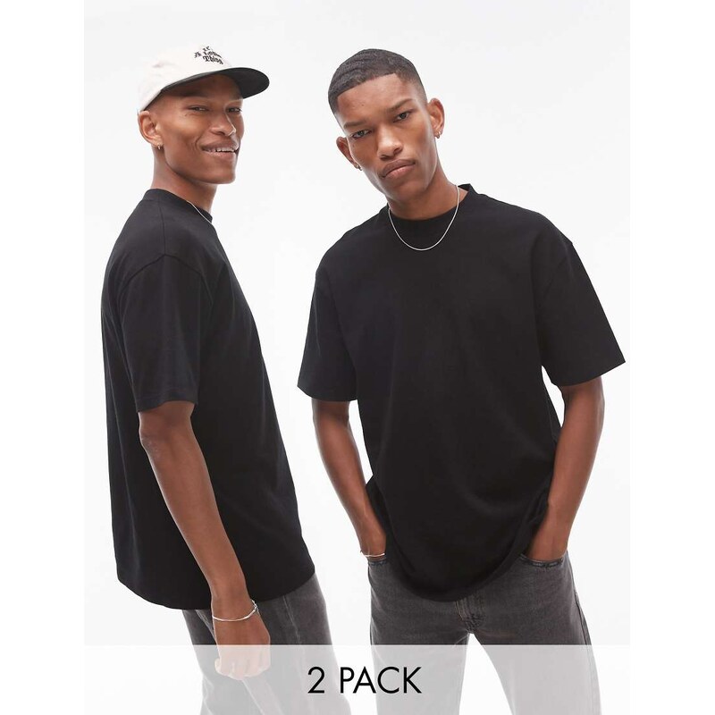 Topman 2 pack relaxed fit t-shirt in black-Multi