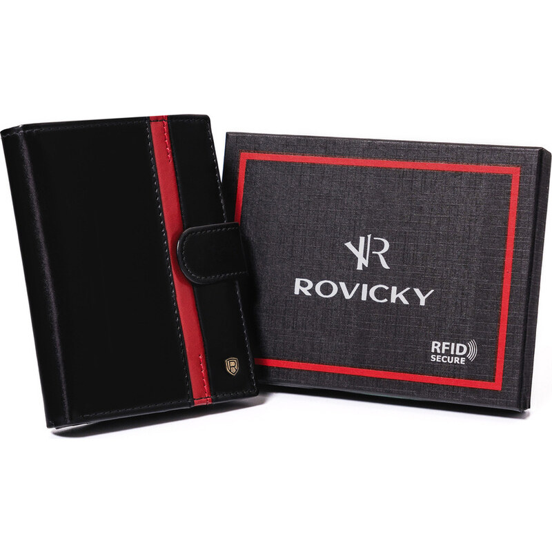 Rovicky Černá kožená peněženka se zapínáním a červeným pruhem