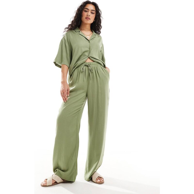 Vila linen touch tie waist wide leg trousers co-ord in green
