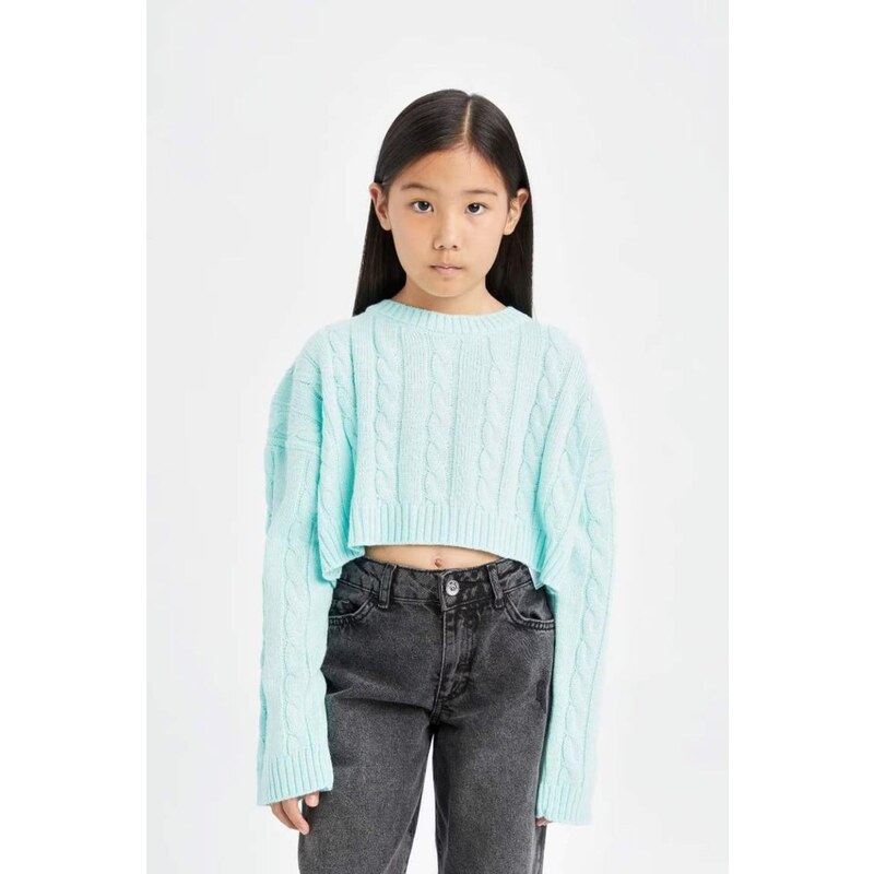 DEFACTO Girl Crop Crew Neck Hair Knitted Sweater