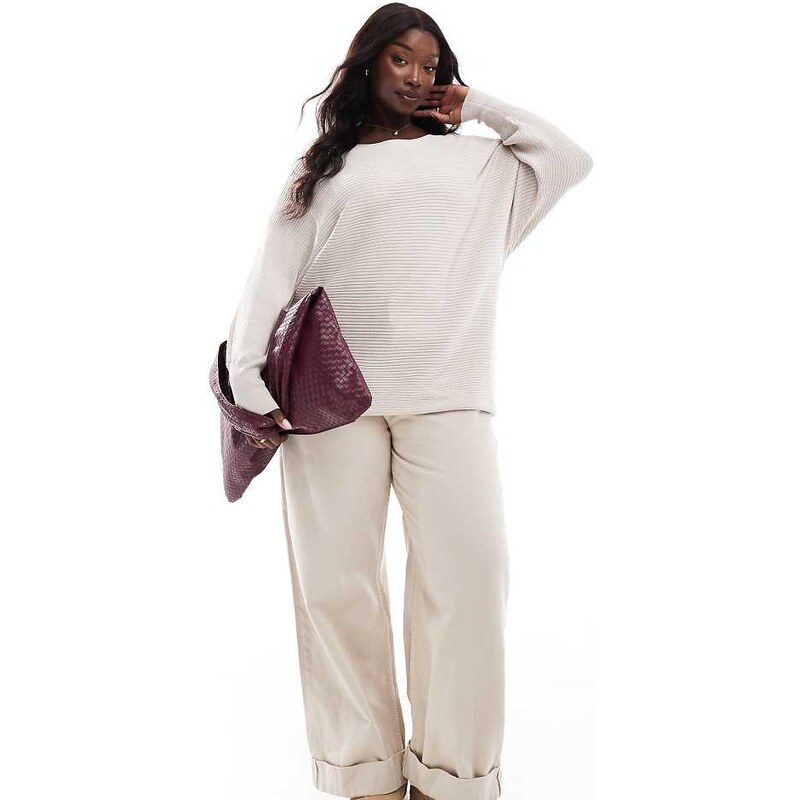 ONLY Curve cuffed sleeves knitted jumper in beige-Black