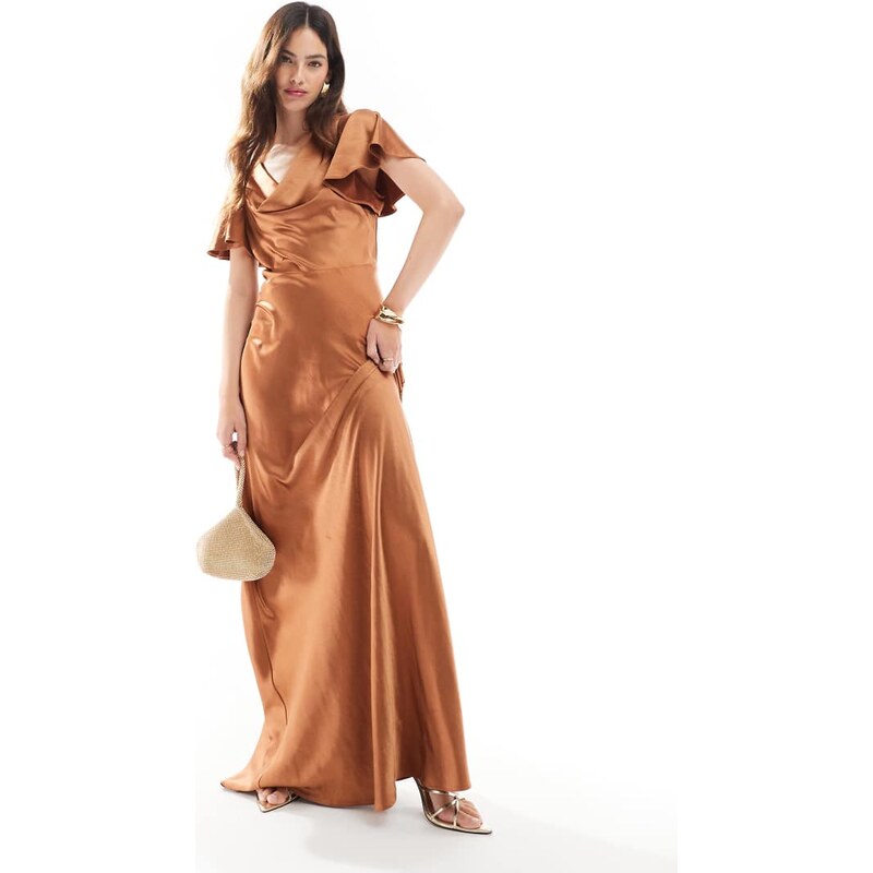 Six Stories Bridesmaids flutter sleeve satin maxi dress in rust-Orange 115718578