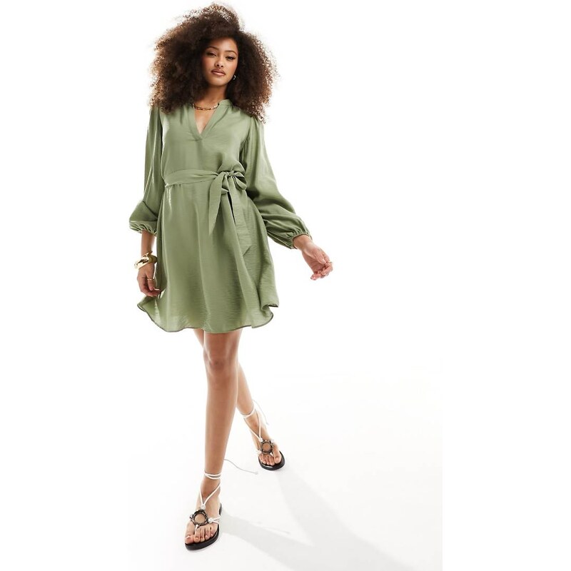 Vila v neck tie waist mini dress in green 101919835