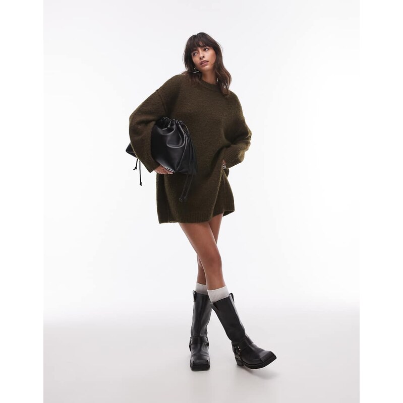 Topshop knitted oversized crew mini dress with exposed seam detail in 101987782