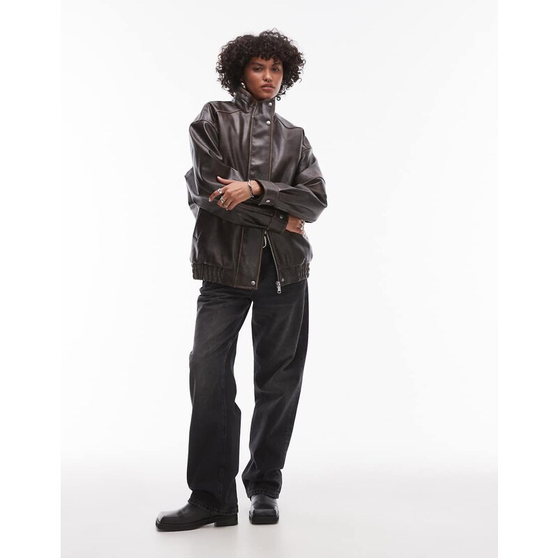 Topshop faux leather super oversized bomber jacket with borg