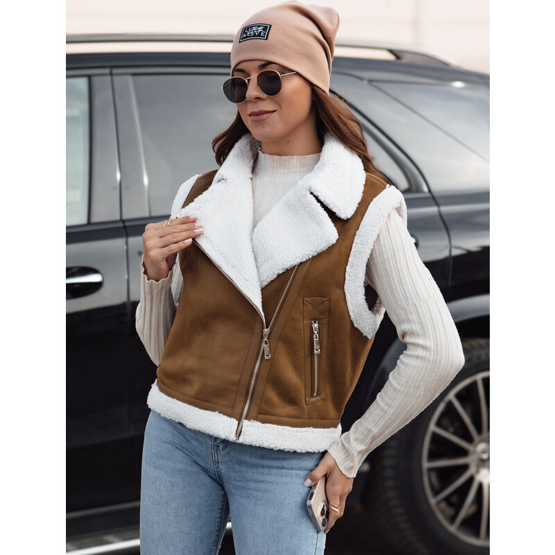 BASIC Dámská hnědá semišová vesta s ovčím kožíškem WOOLZIP