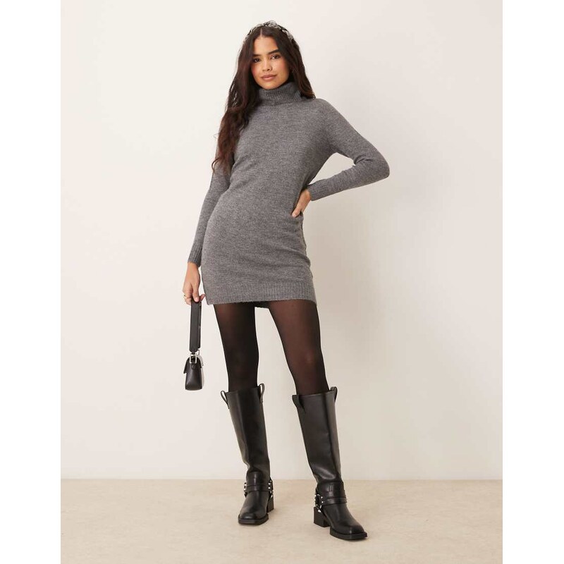 JDY roll neck knitted dress in dark grey melange 101948741