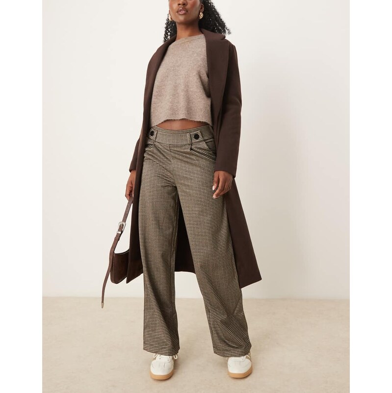 JDY button detail tailored trousers in brown check