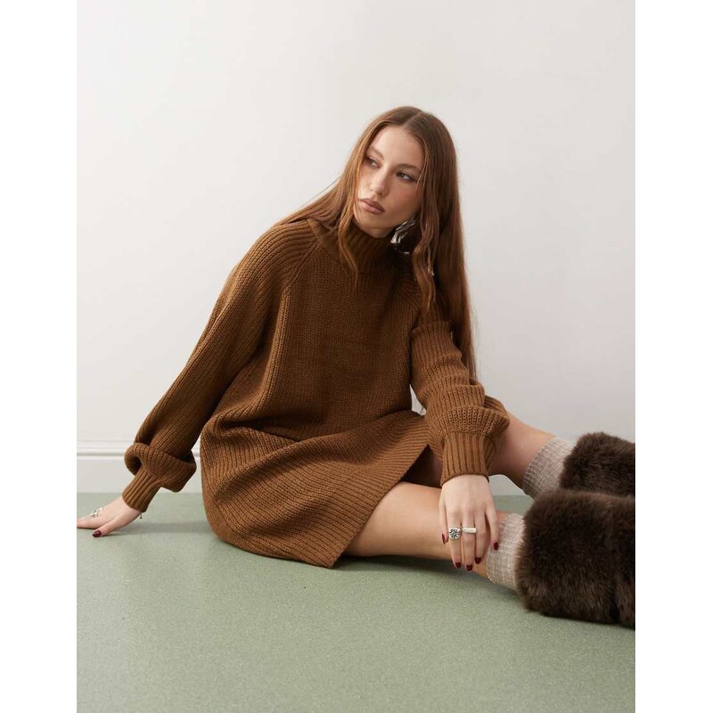 Noisy May high neck knitted mini dress in dark brown 102691524