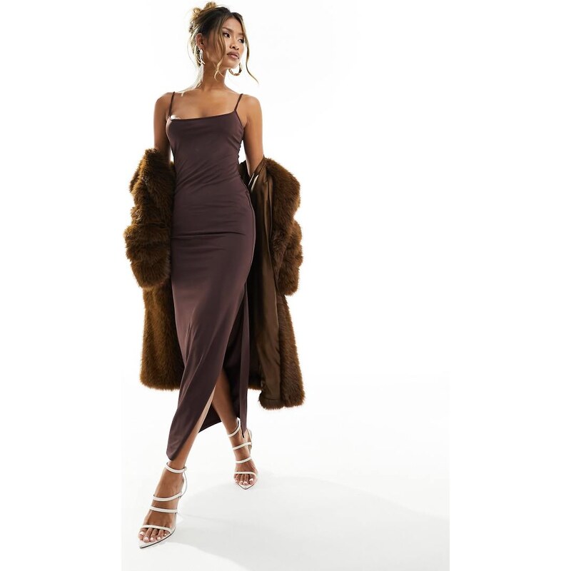 ASOS DESIGN strappy bodycon 90s neckline cami midi dress in dark brown 102079024