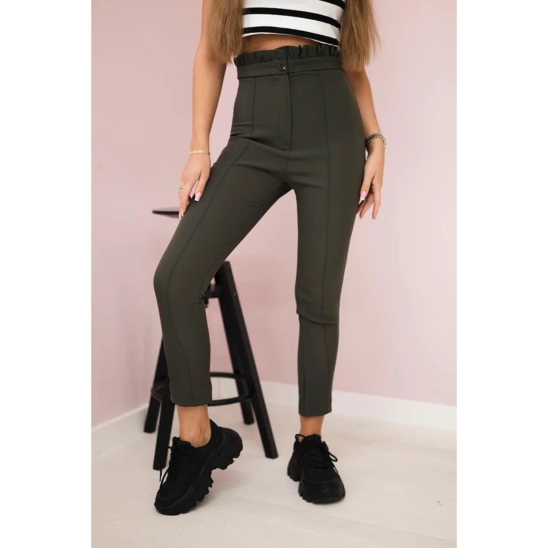 MladaModa 7/8 kalhoty s nařasením v pase model 9371 barva khaki