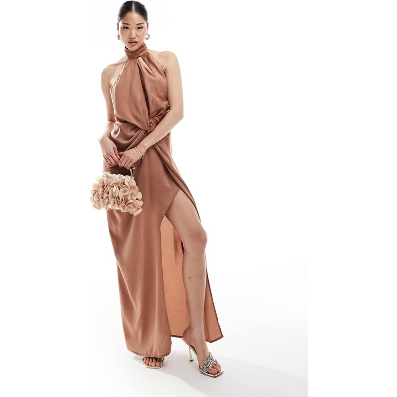 ASOS DESIGN halter neck satin maxi dress with twist front in mocha 102152116