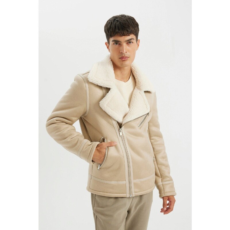 DEFACTO Slim Fit Faux Leather Jacket Slim Cut Zipper Collar Faux