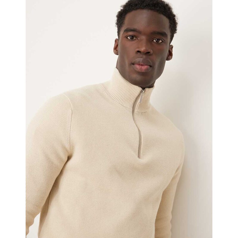 Selected 100% cotton knitted half zip jumper in cream-White