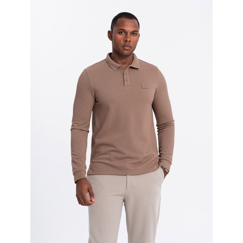 Ombre Mens structured polo longsleeve with patch - brown