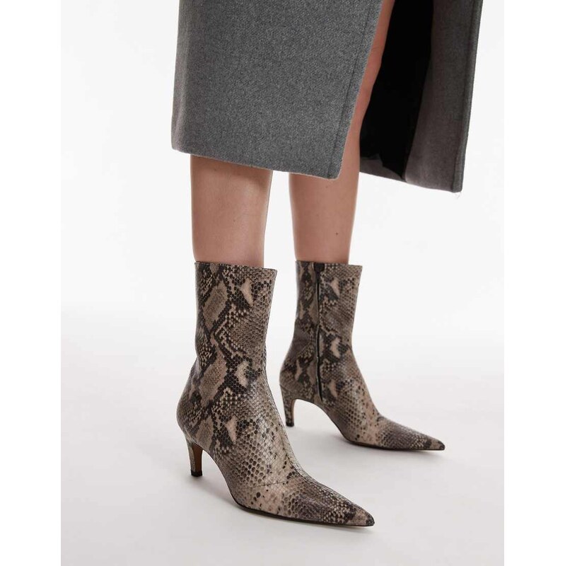 Topshop Neeve premium leather high heeled ankle boots in snake print 115591335
