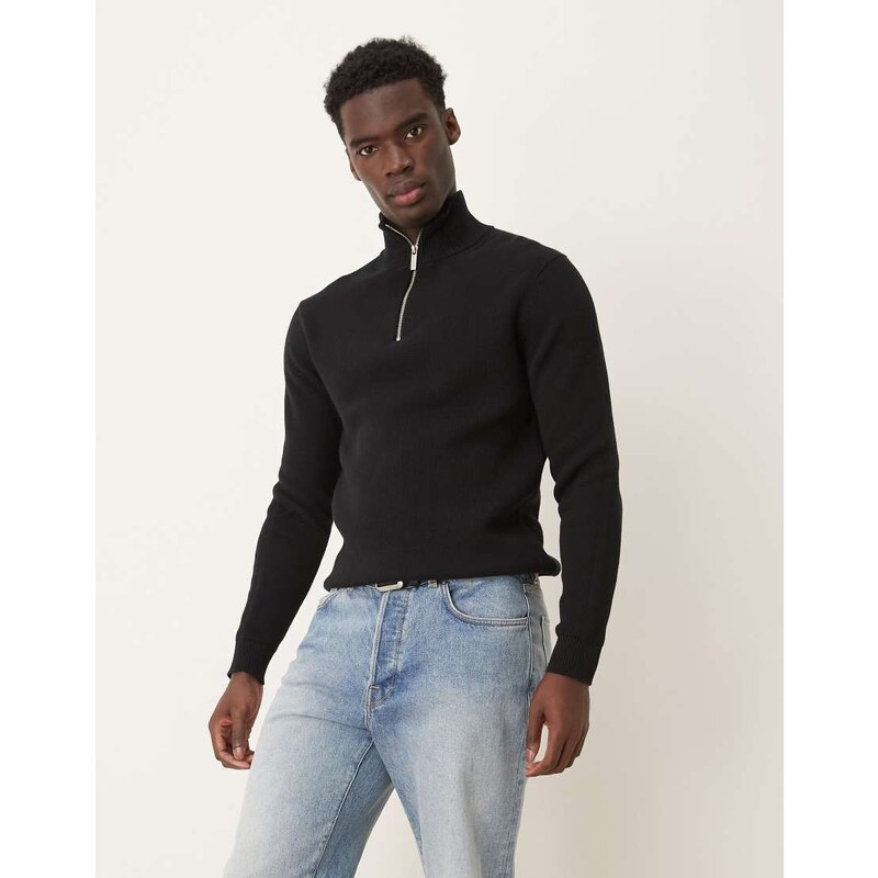 Selected 100% cotton knitted half zip jumper in black