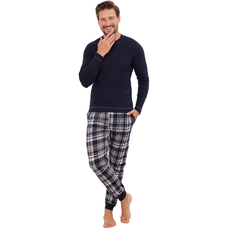 Pánské pyžamo ITALIAN FASHION BRIT dlouhé tmavě modrá/print