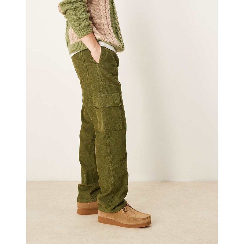 ASOS DESIGN straight fit cord cargo trousers in khaki-Green