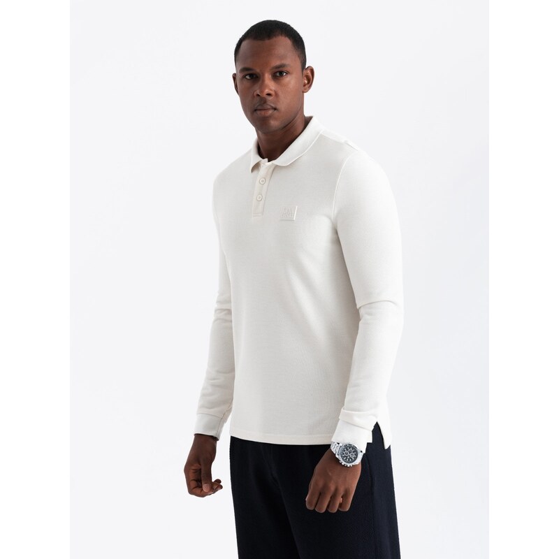 Ombre Structured mens polo longsleeve with patch - white