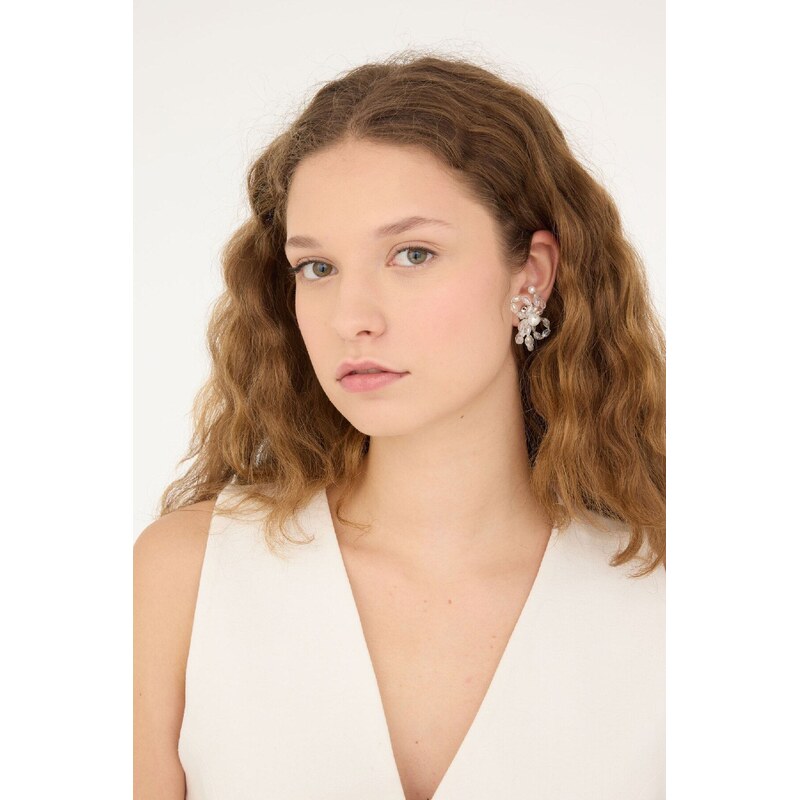 DEFACTO Womens Flower Patterned Pearl Silver Earrings