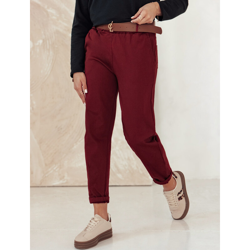 BASIC Dámské vínové oversize kalhoty s páskem ELEGANTENO Vínová
