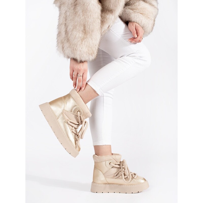 Shelvt Light beige lace-up womens snow boots with a thick sole