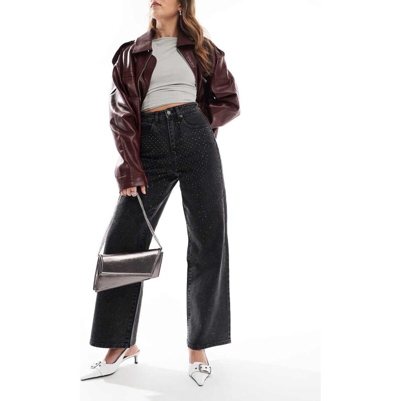 ONLY Hope wide leg jeans with rhinestones in washed black 110130947