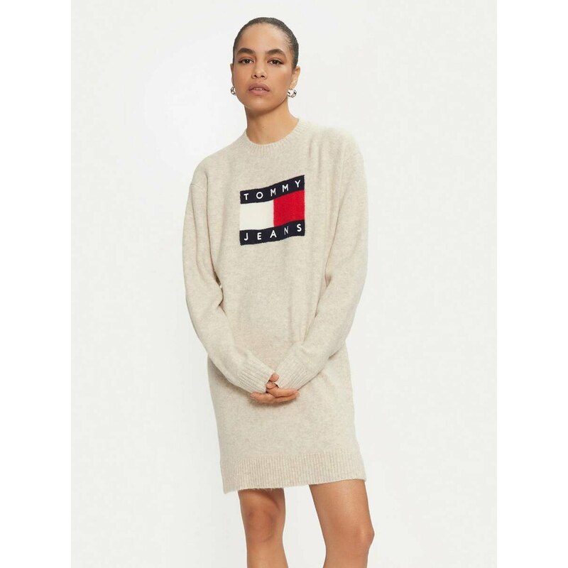 Tommy Jeans dámské béžové úpletové šaty