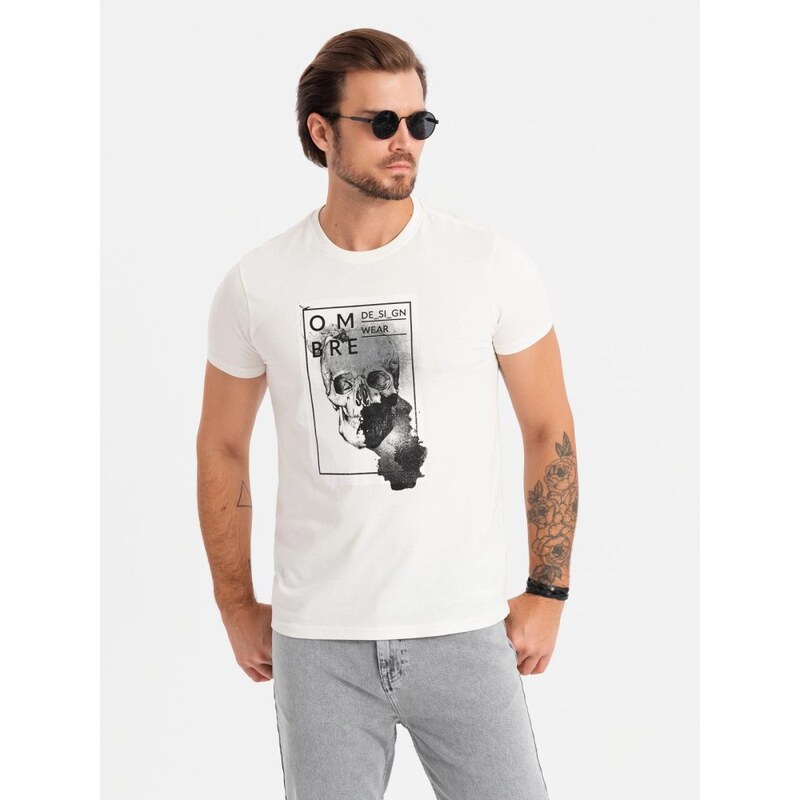 Ombre Clothing Bílé bavlněné tričko s moderním potiskem V2 TSPT