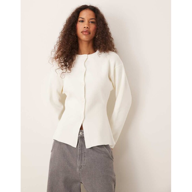 ASOS DESIGN knitted structured crew neck cardigan in cream-White