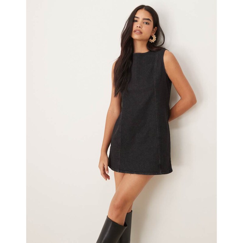 ASOS DESIGN denim seamed shift dress in washed black 102434258