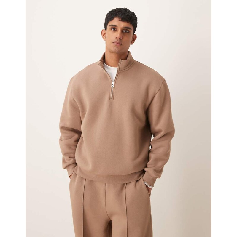 ASOS DESIGN co-ord quarter zip funnel sweatshirt in brown