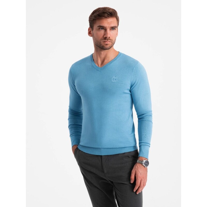Ombre Clothing Klasický jasně modrý svetr s výstřihem do V V21