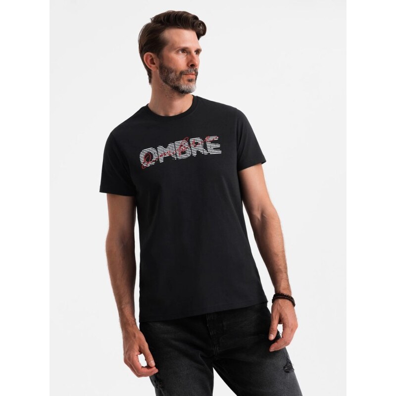 Ombre Clothing Trendy černé bavlněné tričko s nápisem V2 TSPT