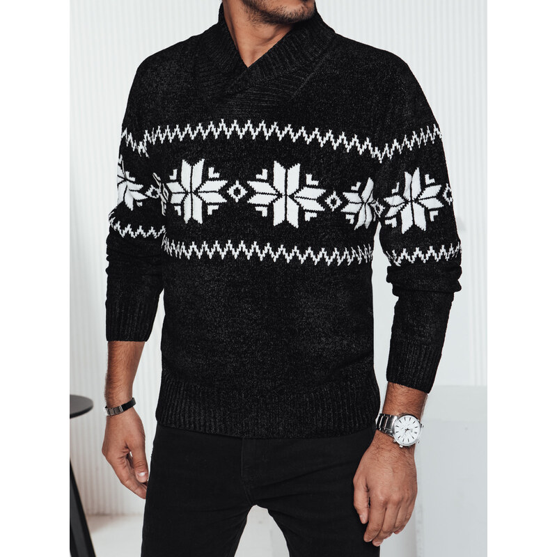 BASIC Černý pánský stylový svetr s norským vzorem Černá