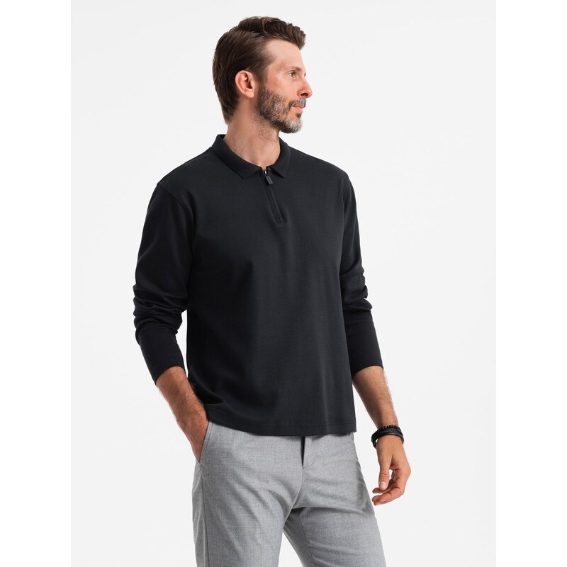Ombre Mens longsleeve with zippered polo collar - black