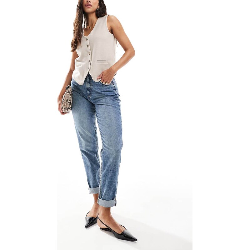 ASOS DESIGN Hourglass high rise relaxed mom jeans in mid blue
