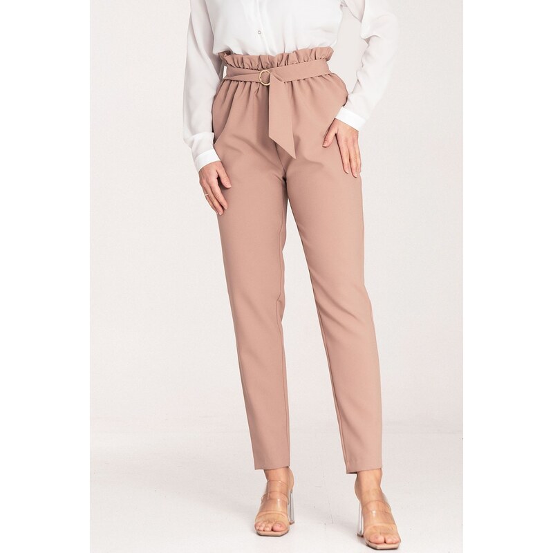 FIGL Dámské béžové elegantní kalhoty s páskem M1072 Beige