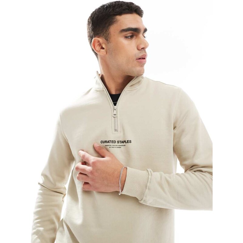 ONLY & SONS curated high neck 1/4 zip sweater in stone-Neutral