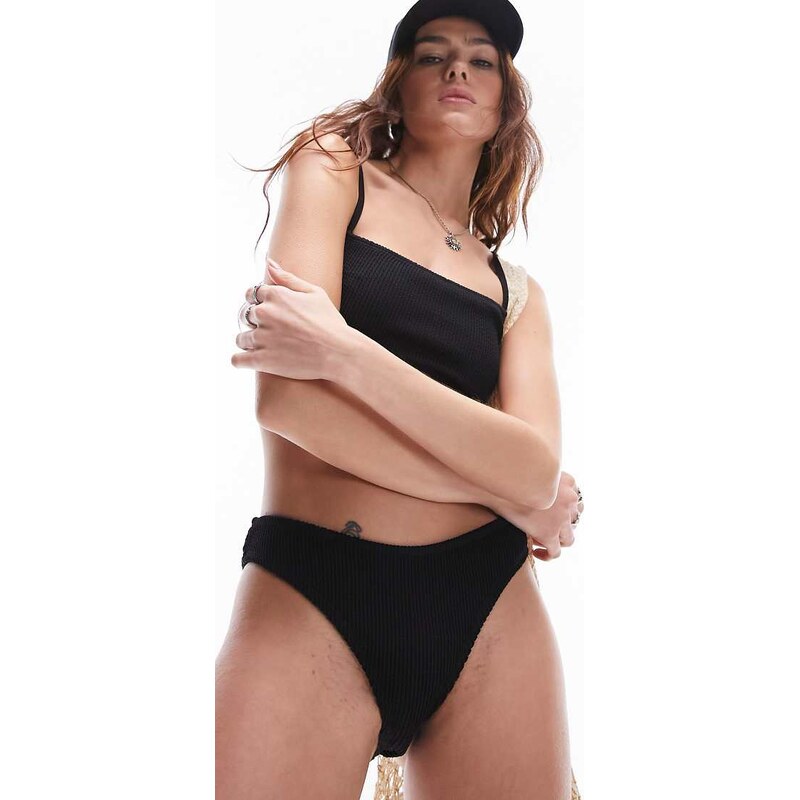 Topshop mix and match crinkle high leg bikini bottoms in black