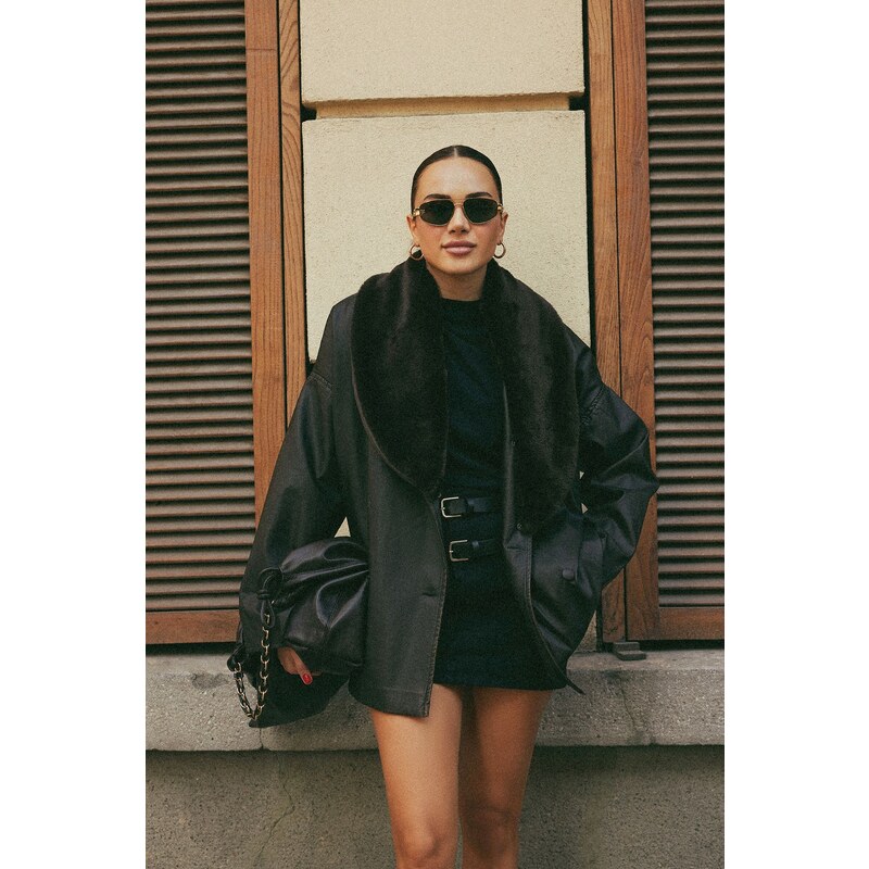 Trendyol Dark Brown Oversize Faux Leather Coat with Fur Detail