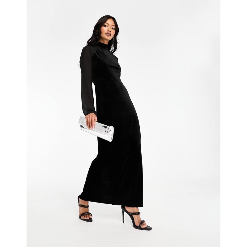 YAS Y.A.S high neck velvet and mesh mix midi dress in black