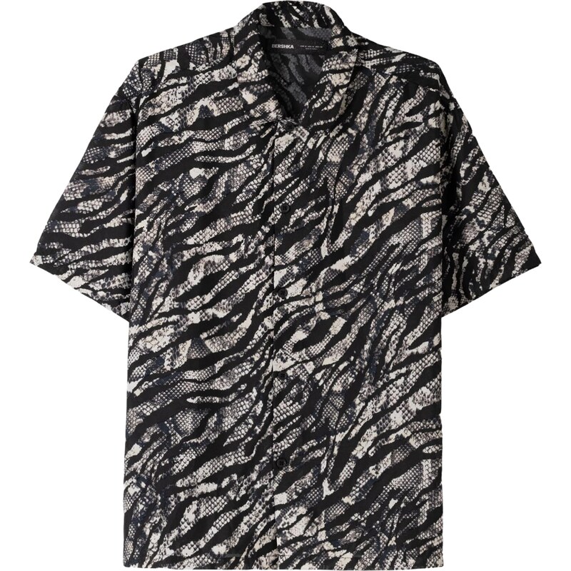 Bershka Košile krémová / námořnická modř / černá