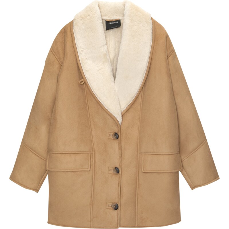 Pull&Bear Přechodný kabát medová / barva bílé vlny 103933419